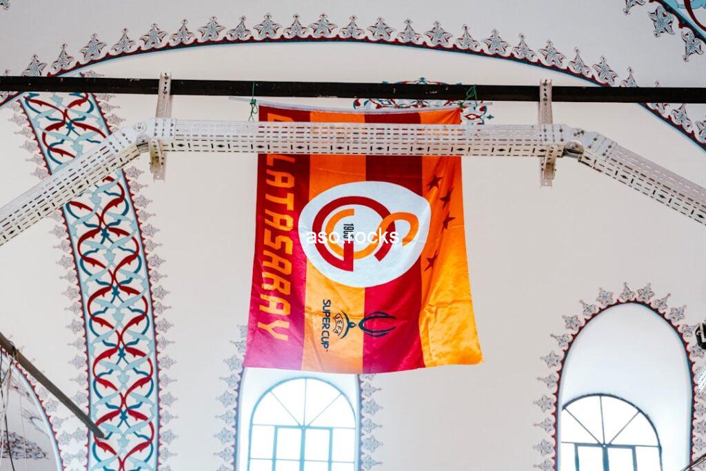 Galatasaray football club flag hanging in Istanbul, Turkey